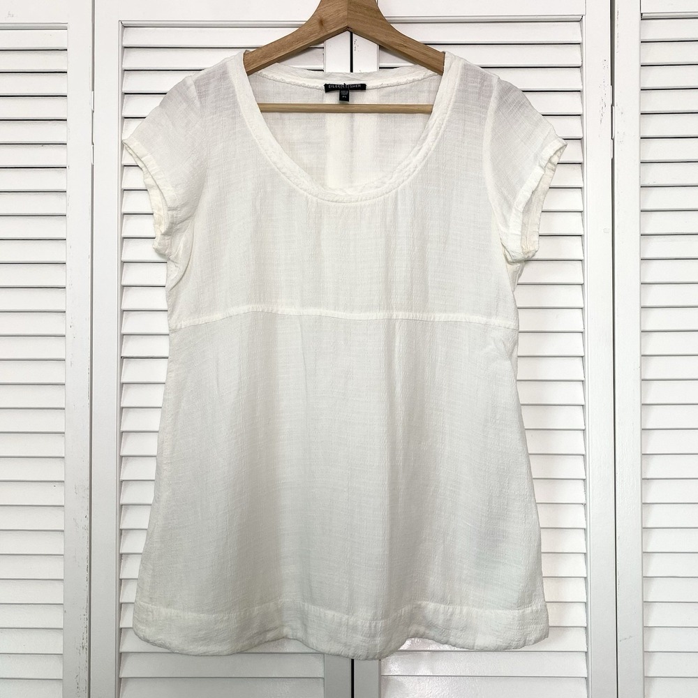 Eileen Fisher Sz Small Top White Linen Blend Coastal Beach Shirt Neutral Cottage